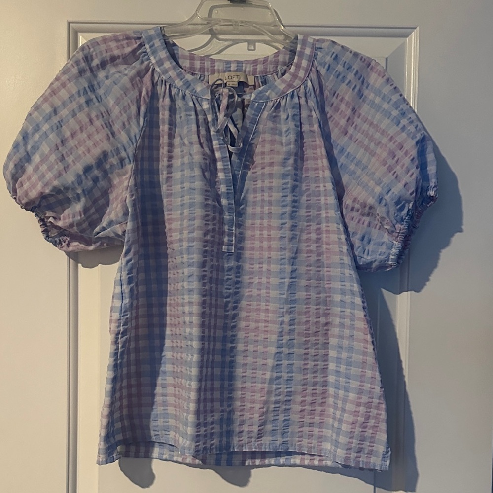 LOFT Blue and Pink Checkered Blouse